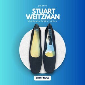 Stuart Weitzman Vintage Black Fabric Heels 7.5 AA Square Toe Mid Heel Womens Sho
